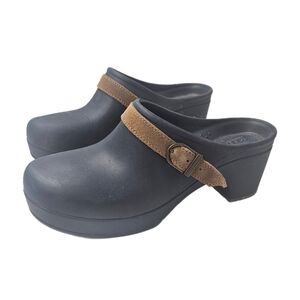 Crocs Sarah Clog Navy Platform Mule Brown Suede Strap Dual Comfort Size 6